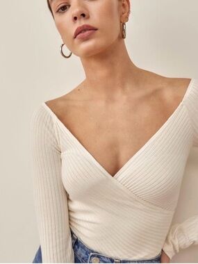Reformation Minnie Ivory Ribbed Knit Wrap V-Neck Long Sleeve Top Women’s Size S